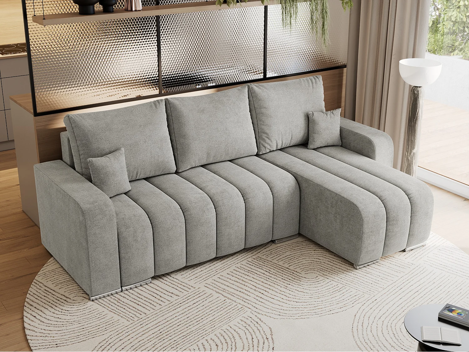 Ecksofa KIRASSO - universelles mit Schlaffunktion und Bettkasten, lose Kissen, Armlehnen - Hellgrau Stukture