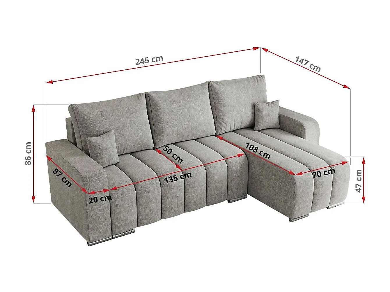 Ecksofa KIRASSO - universelles mit Schlaffunktion und Bettkasten, lose Kissen, Armlehnen - Hellgrau Stukture