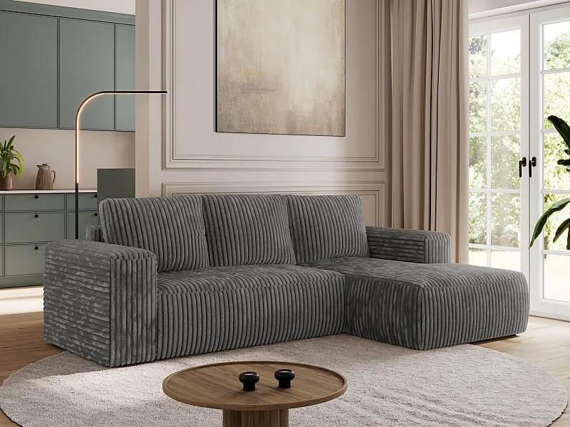 Ecksofa TRENTINO - mit Schlaffunktion und Bettkasten, L-form Couch, lose Kissen und Armlehnen - Dunkelgrau Cord - Ecke Rechts