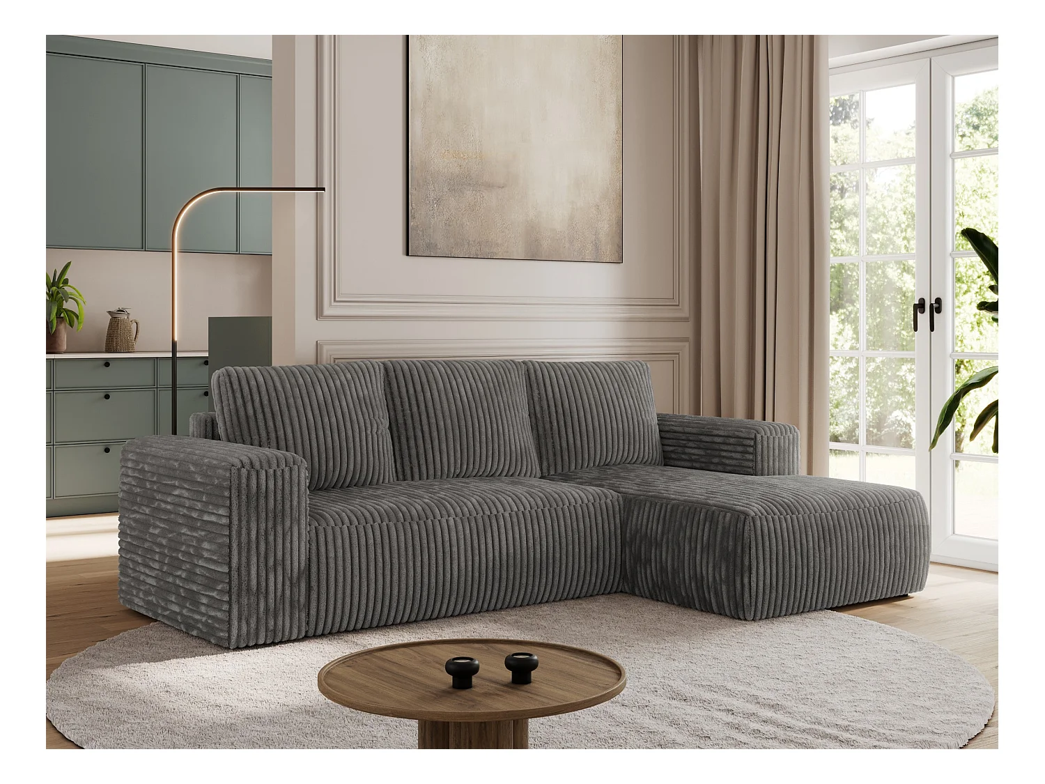 Ecksofa TRENTINO - mit Schlaffunktion und Bettkasten, L-form Couch, lose Kissen und Armlehnen - Dunkelgrau Cord - Ecke Rechts