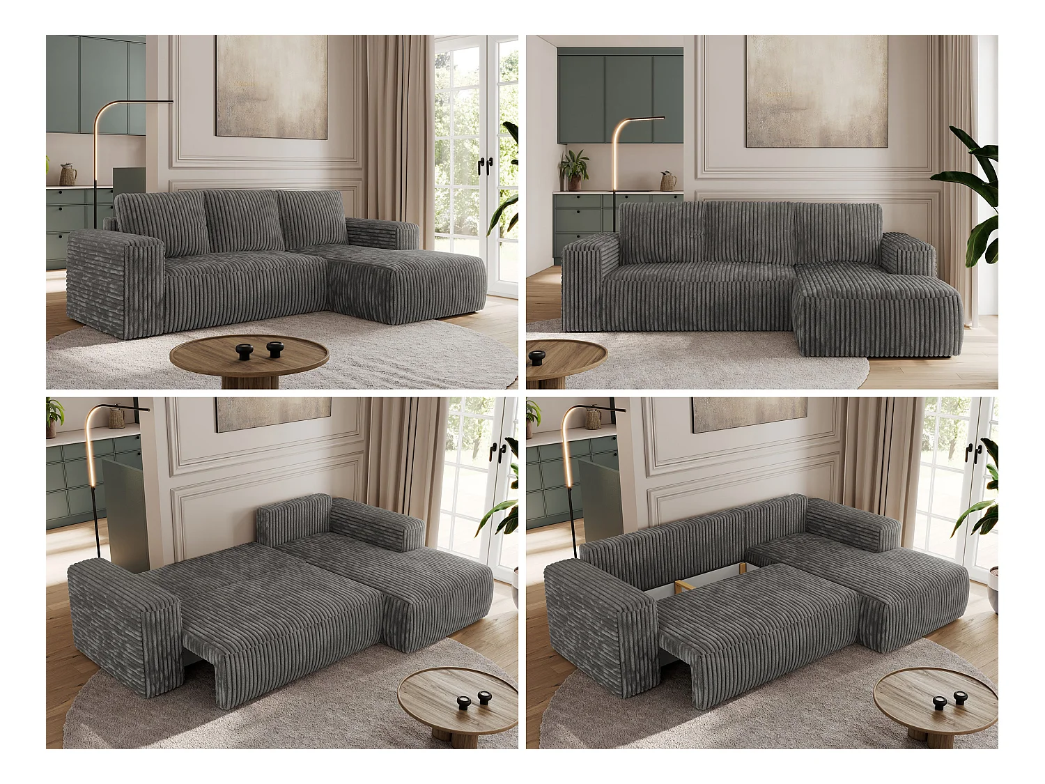 Ecksofa TRENTINO - mit Schlaffunktion und Bettkasten, L-form Couch, lose Kissen und Armlehnen - Dunkelgrau Cord - Ecke Rechts