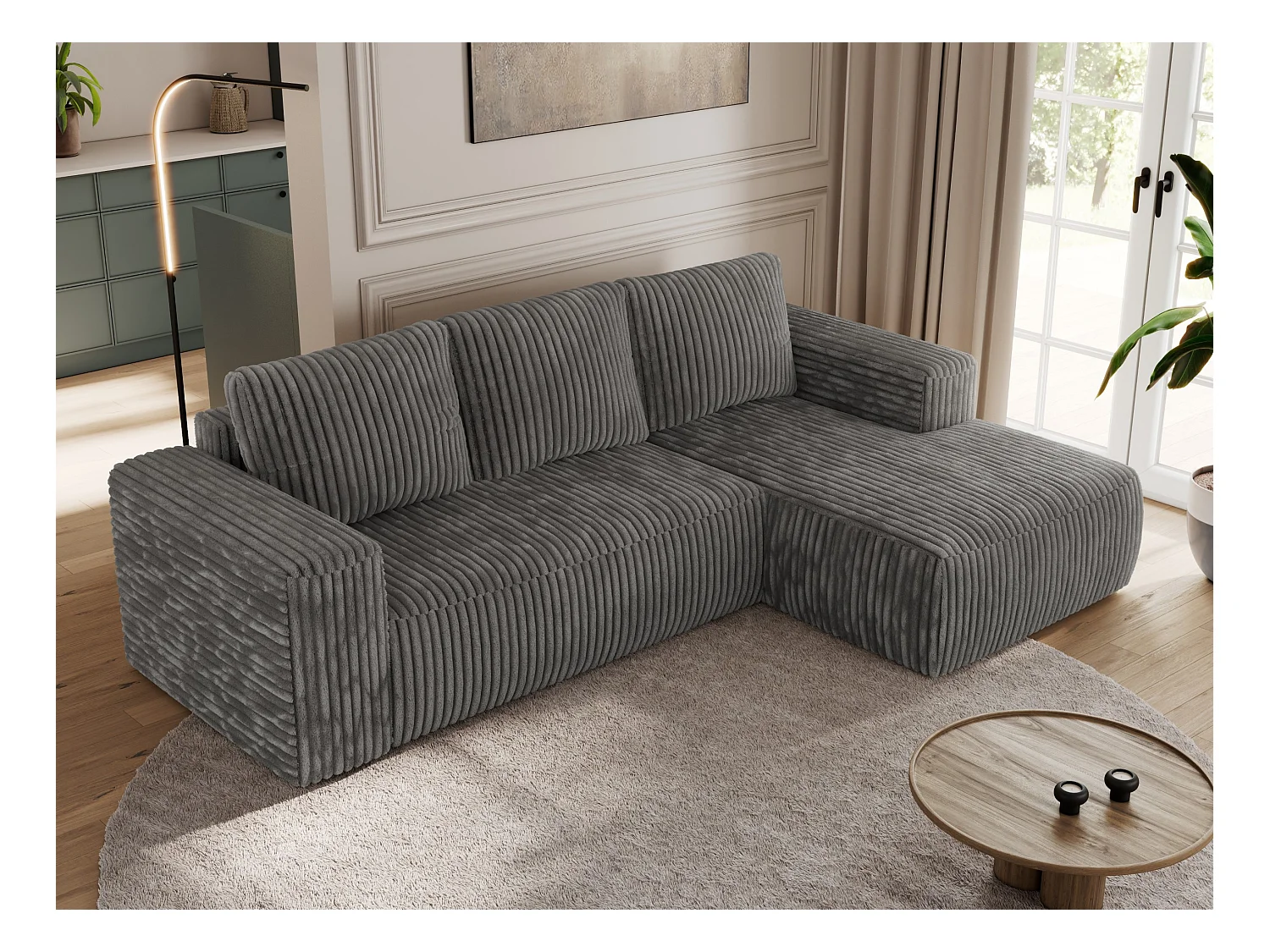 Ecksofa TRENTINO - mit Schlaffunktion und Bettkasten, L-form Couch, lose Kissen und Armlehnen - Dunkelgrau Cord - Ecke Rechts