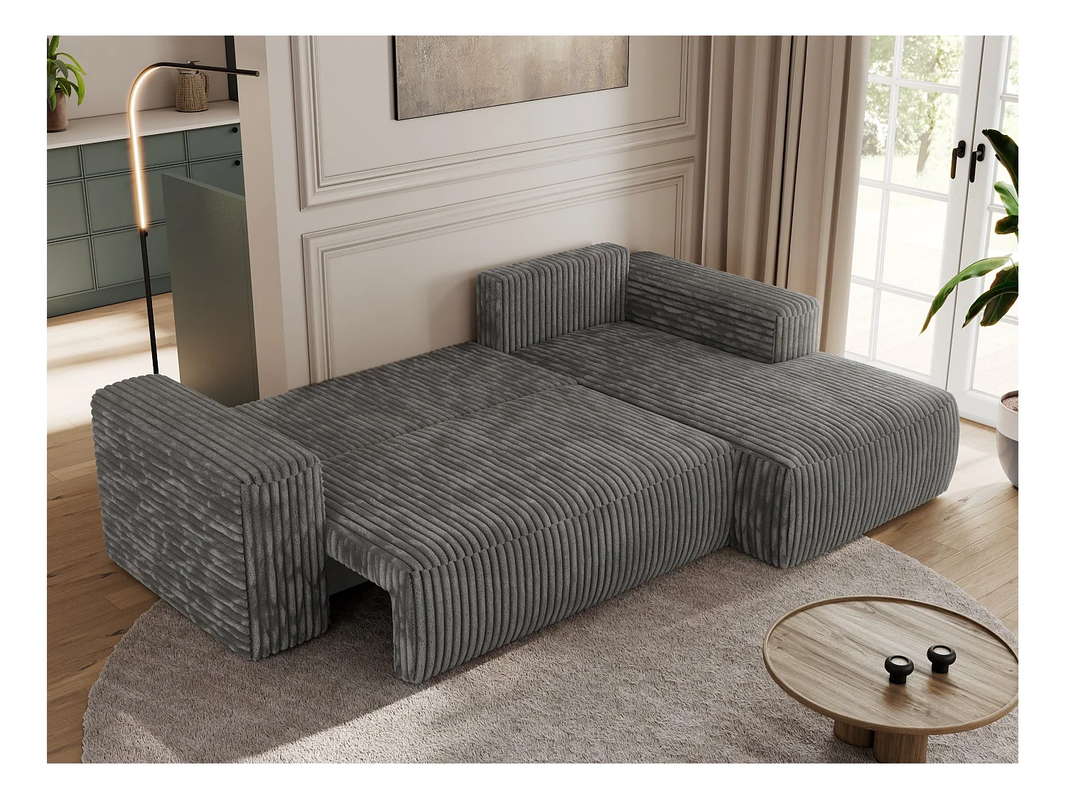 Ecksofa TRENTINO - mit Schlaffunktion und Bettkasten, L-form Couch, lose Kissen und Armlehnen - Dunkelgrau Cord - Ecke Rechts