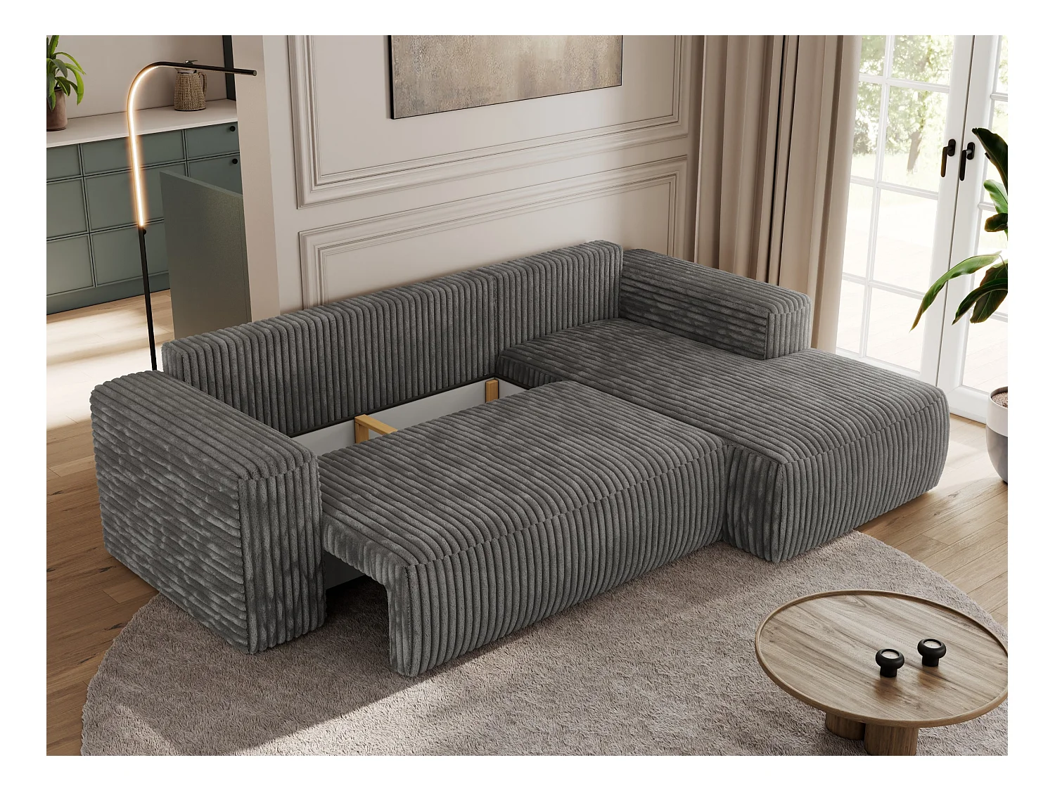 Ecksofa TRENTINO - mit Schlaffunktion und Bettkasten, L-form Couch, lose Kissen und Armlehnen - Dunkelgrau Cord - Ecke Rechts