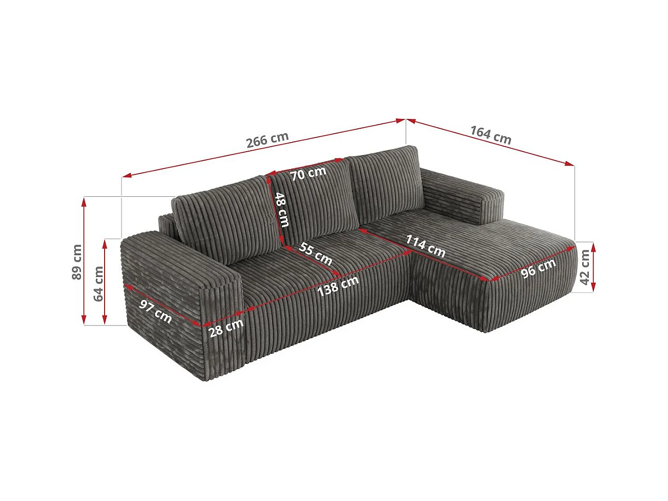 Ecksofa TRENTINO - mit Schlaffunktion und Bettkasten, L-form Couch, lose Kissen und Armlehnen - Dunkelgrau Cord - Ecke Rechts