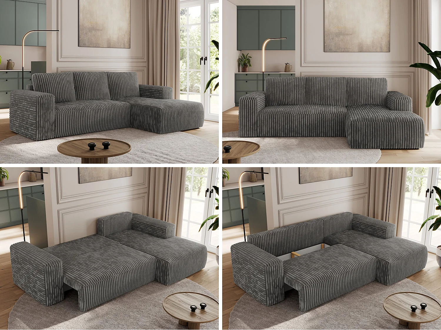 Ecksofa TRENTINO - mit Schlaffunktion und Bettkasten, L-form Couch, lose Kissen und Armlehnen - Dunkelgrau Cord - Ecke Rechts