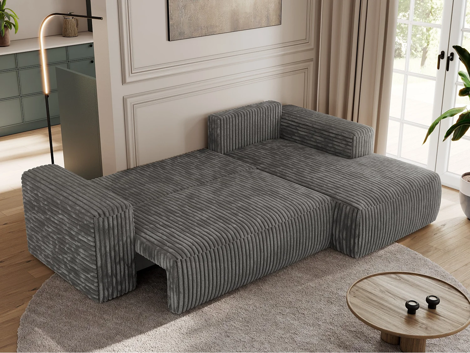 Ecksofa TRENTINO - mit Schlaffunktion und Bettkasten, L-form Couch, lose Kissen und Armlehnen - Dunkelgrau Cord - Ecke Rechts