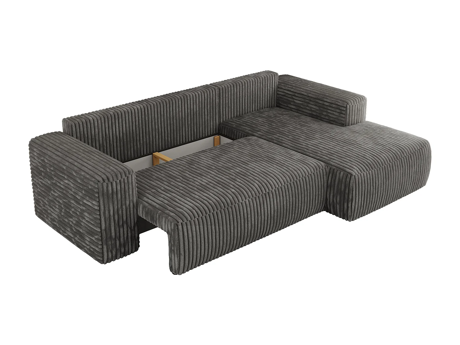 Ecksofa TRENTINO - mit Schlaffunktion und Bettkasten, L-form Couch, lose Kissen und Armlehnen - Dunkelgrau Cord - Ecke Rechts