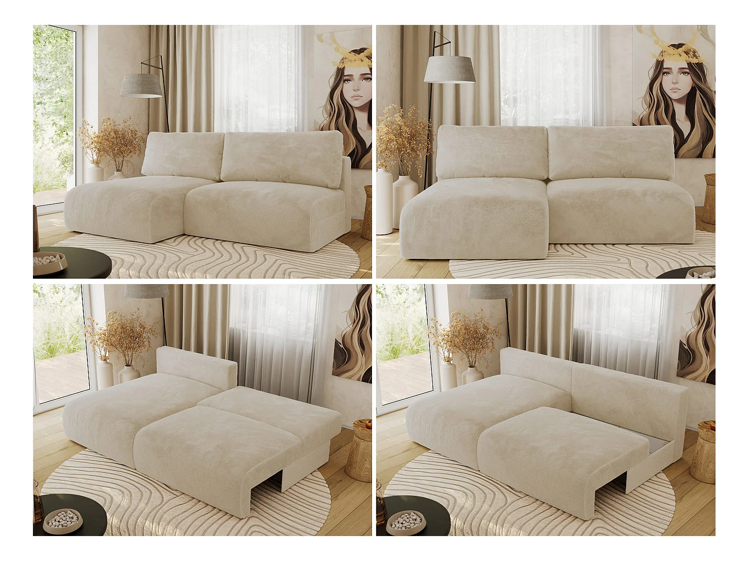 Ecksofa VIVO - L-form Couch mit Schlaffunktion und Bettkasten, Wellenfeder - Creme Plüsch - Ecke Links