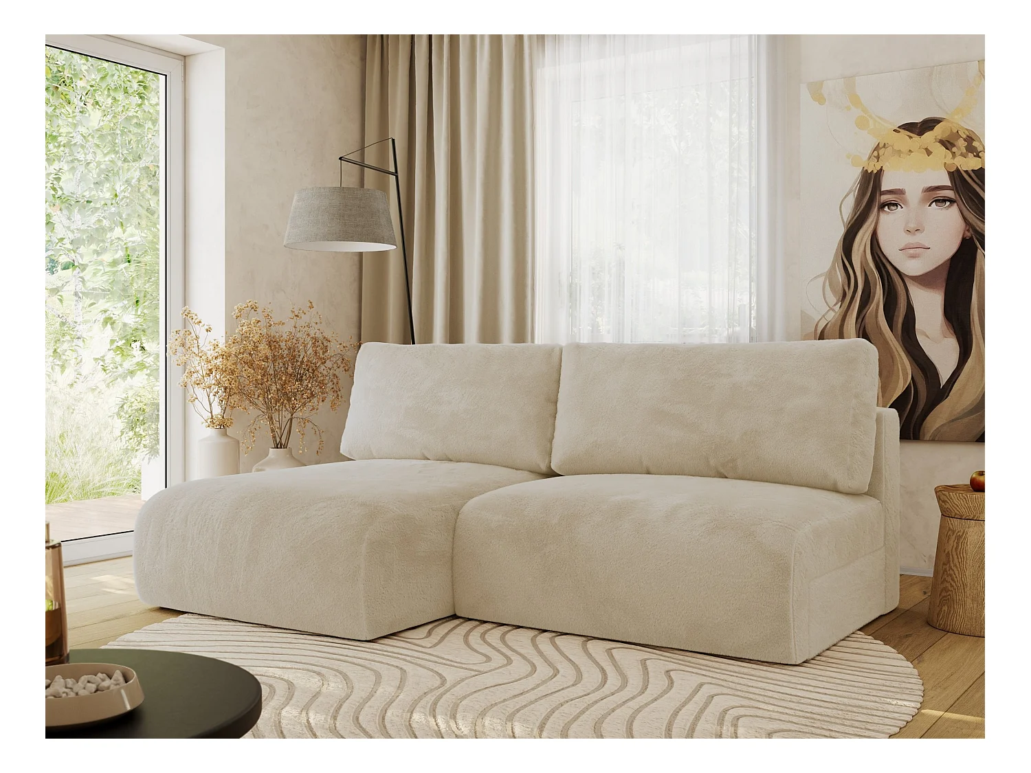 Ecksofa VIVO - L-form Couch mit Schlaffunktion und Bettkasten, Wellenfeder - Creme Plüsch - Ecke Links