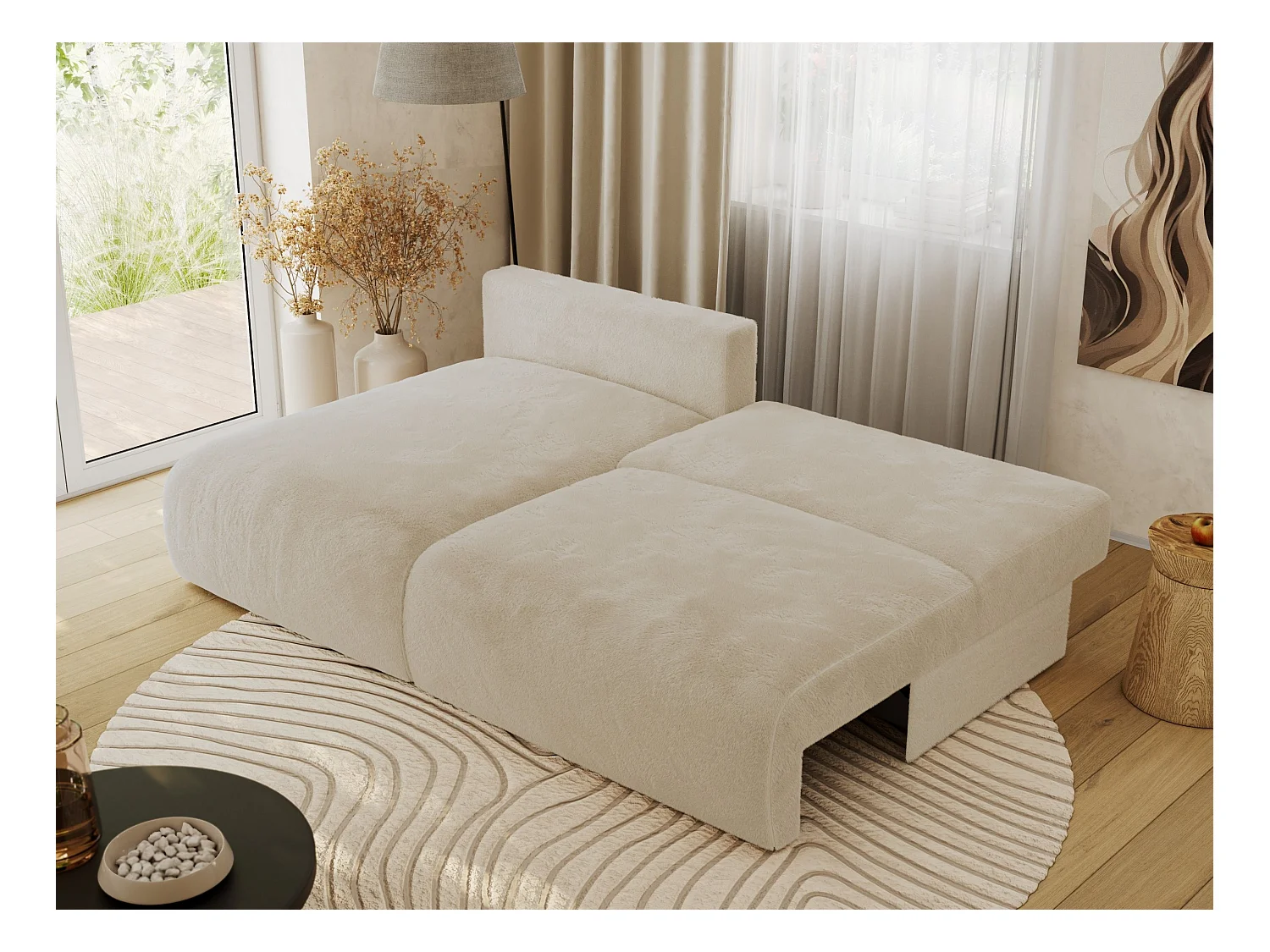 Ecksofa VIVO - L-form Couch mit Schlaffunktion und Bettkasten, Wellenfeder - Creme Plüsch - Ecke Links