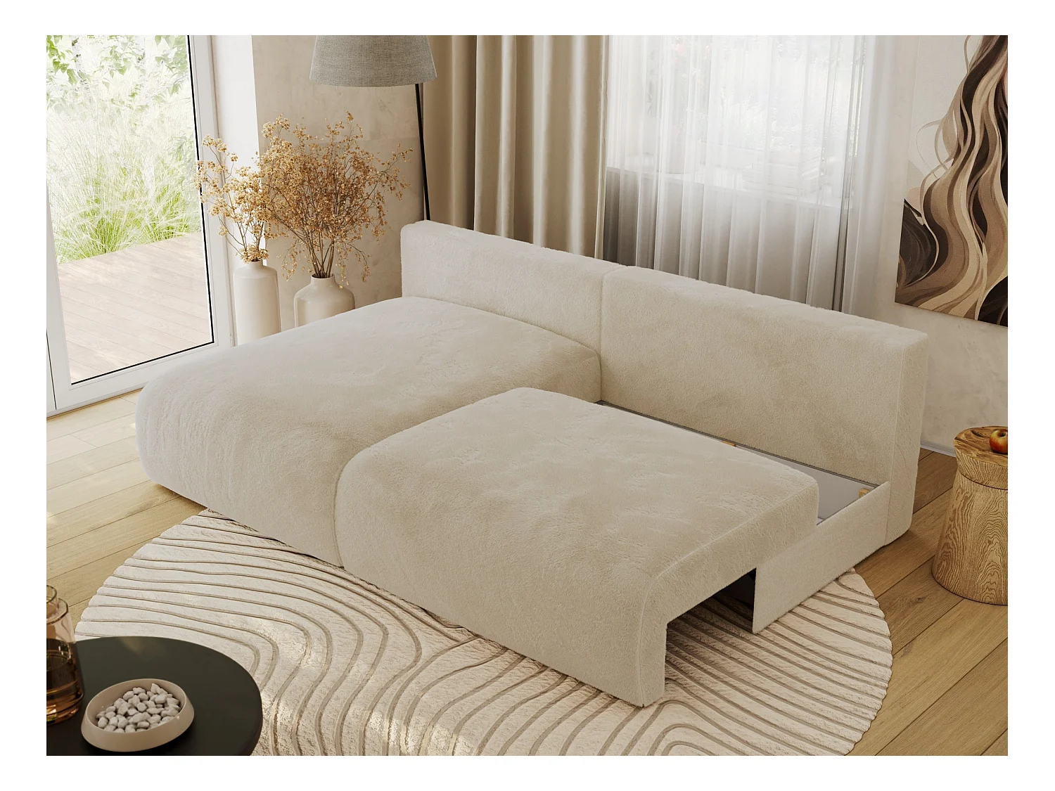 Ecksofa VIVO - L-form Couch mit Schlaffunktion und Bettkasten, Wellenfeder - Creme Plüsch - Ecke Links