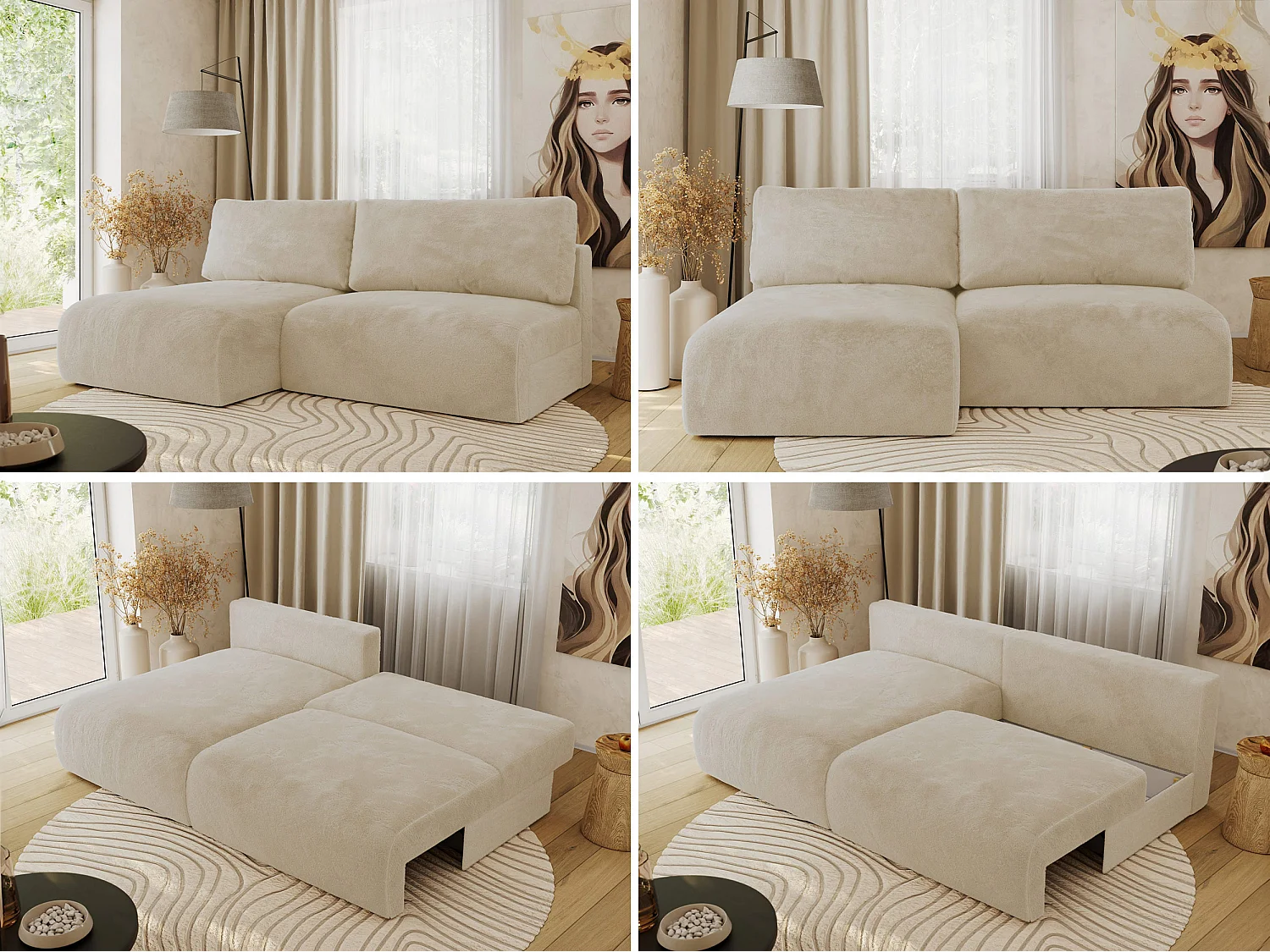 Ecksofa VIVO - L-form Couch mit Schlaffunktion und Bettkasten, Wellenfeder - Creme Plüsch - Ecke Links