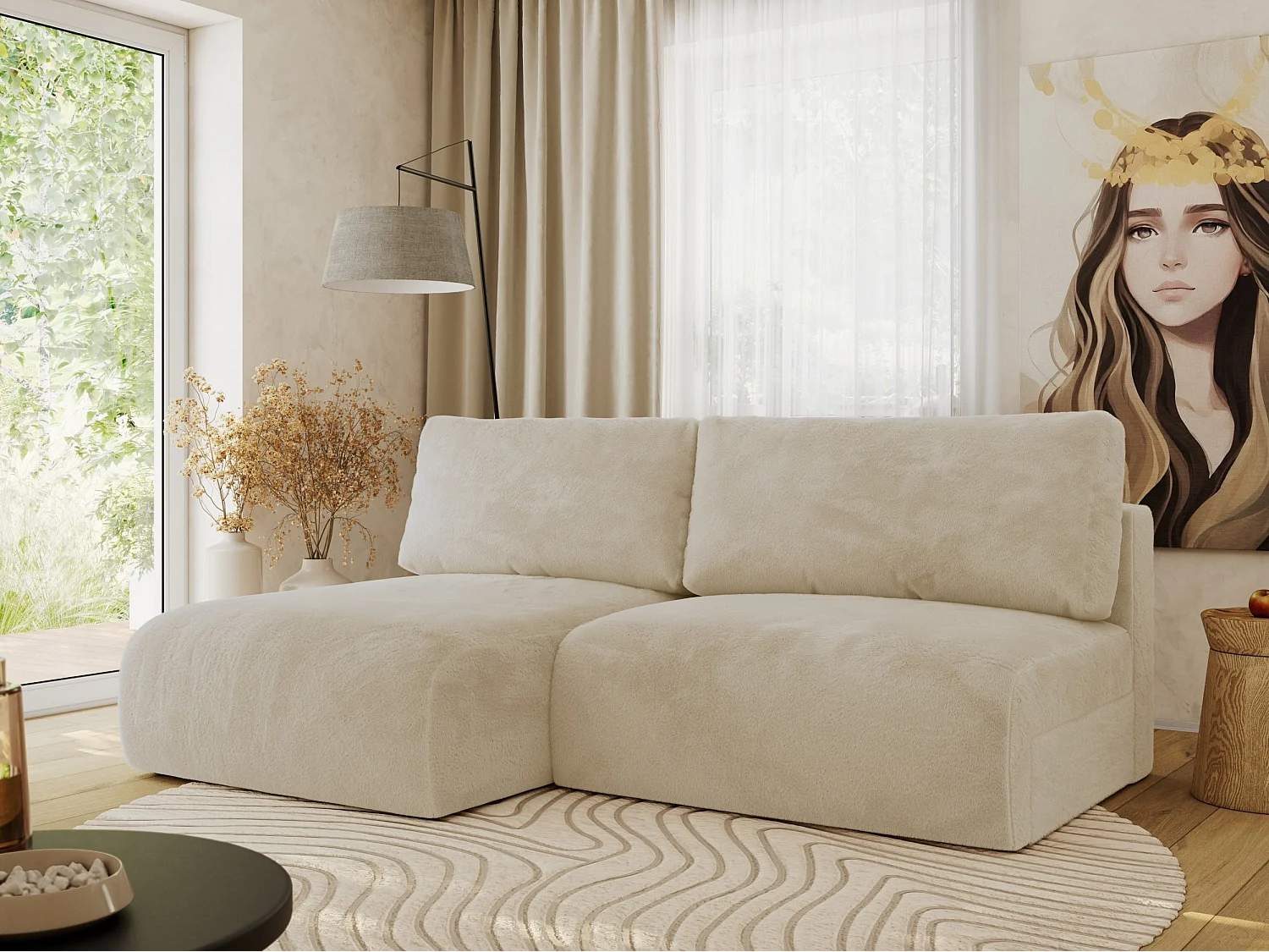 Ecksofa VIVO - L-form Couch mit Schlaffunktion und Bettkasten, Wellenfeder - Creme Plüsch - Ecke Links