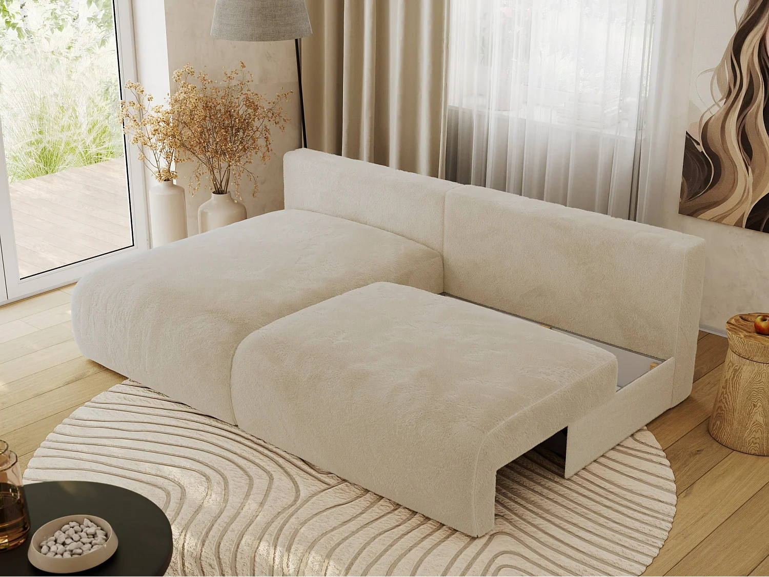 Ecksofa VIVO - L-form Couch mit Schlaffunktion und Bettkasten, Wellenfeder - Creme Plüsch - Ecke Links