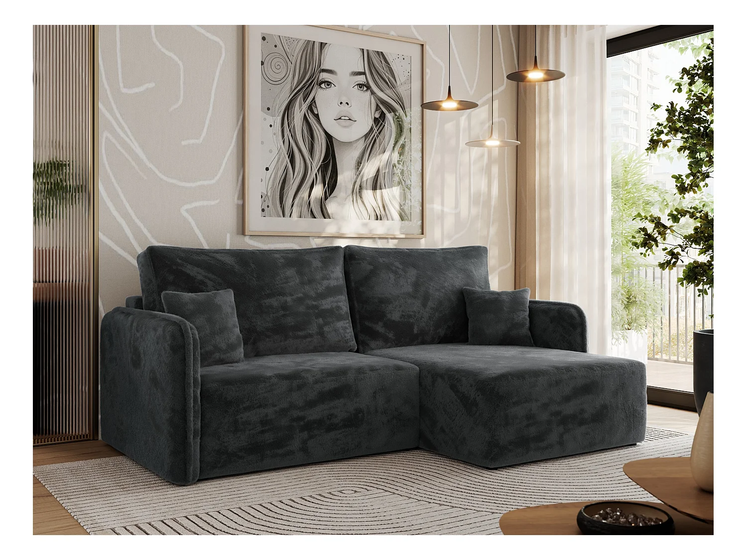 Ecksofa MESTO - Schlaffunktion und Bettkasten, L-form Couch für das Wohnzimmer, Armlehnen - Dunkelgrau Plüsch - Ecke Rechts