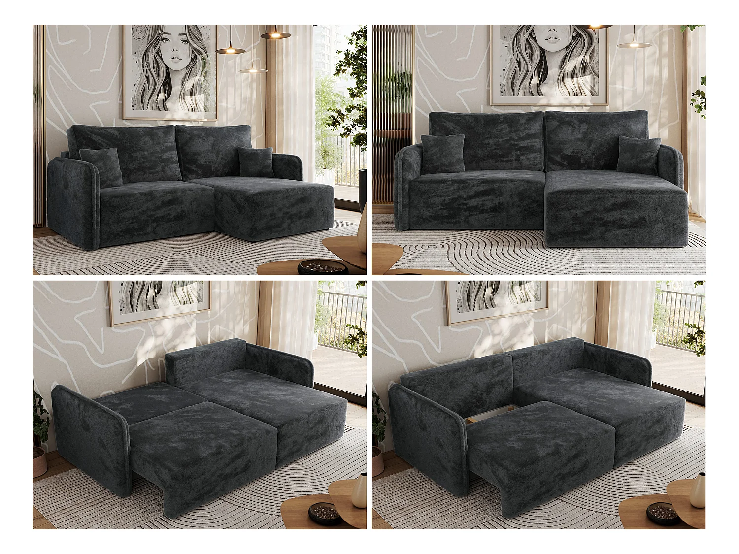 Ecksofa MESTO - Schlaffunktion und Bettkasten, L-form Couch für das Wohnzimmer, Armlehnen - Dunkelgrau Plüsch - Ecke Rechts