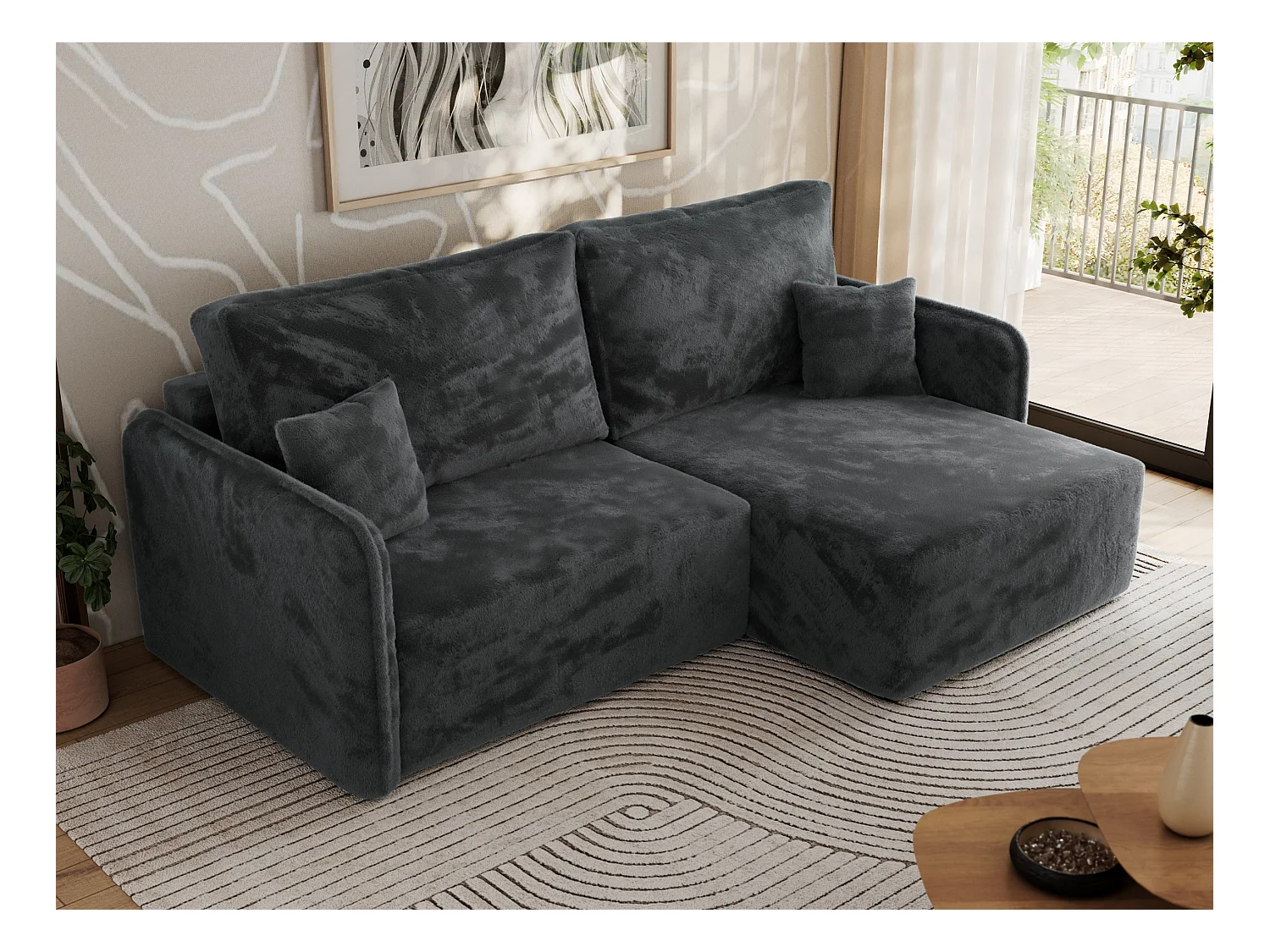 Ecksofa MESTO - Schlaffunktion und Bettkasten, L-form Couch für das Wohnzimmer, Armlehnen - Dunkelgrau Plüsch - Ecke Rechts