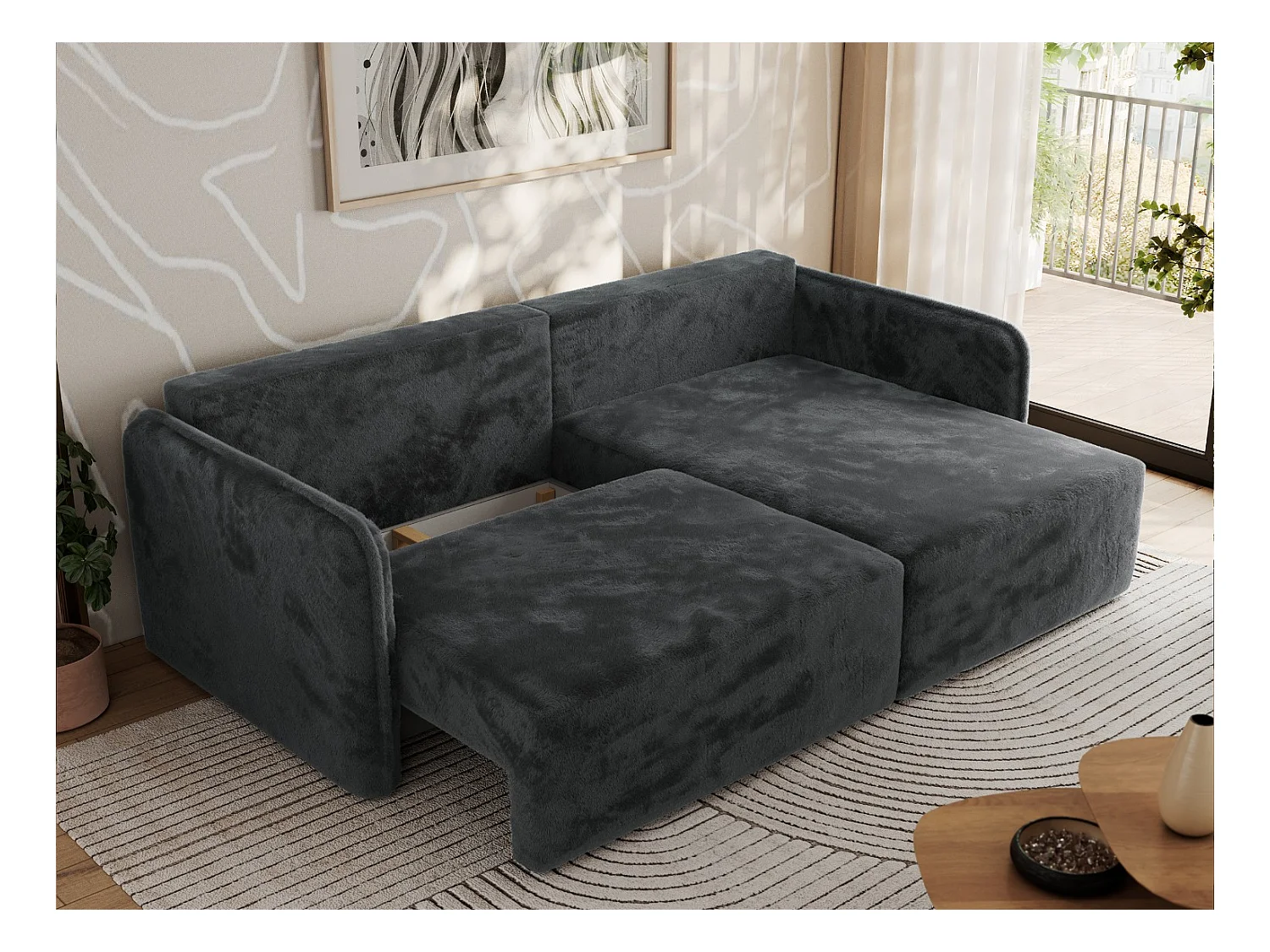 Ecksofa MESTO - Schlaffunktion und Bettkasten, L-form Couch für das Wohnzimmer, Armlehnen - Dunkelgrau Plüsch - Ecke Rechts