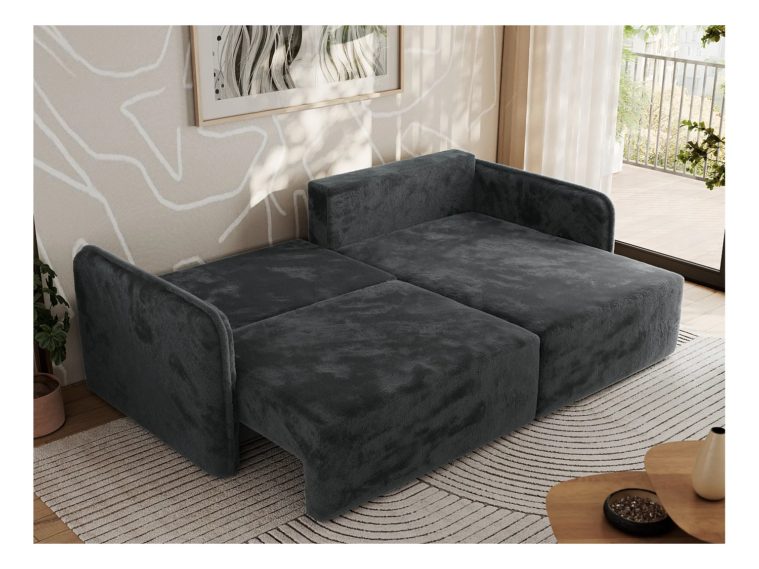 Ecksofa MESTO - Schlaffunktion und Bettkasten, L-form Couch für das Wohnzimmer, Armlehnen - Dunkelgrau Plüsch - Ecke Rechts