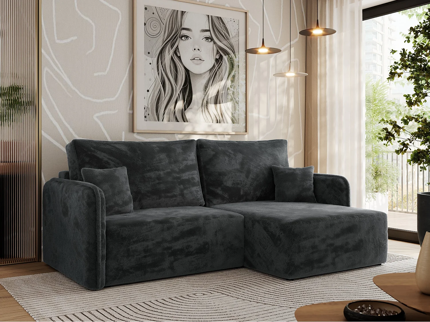 Ecksofa MESTO - Schlaffunktion und Bettkasten, L-form Couch für das Wohnzimmer, Armlehnen - Dunkelgrau Plüsch - Ecke Rechts