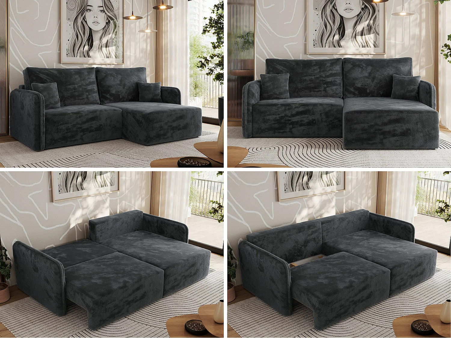 Ecksofa MESTO - Schlaffunktion und Bettkasten, L-form Couch für das Wohnzimmer, Armlehnen - Dunkelgrau Plüsch - Ecke Rechts