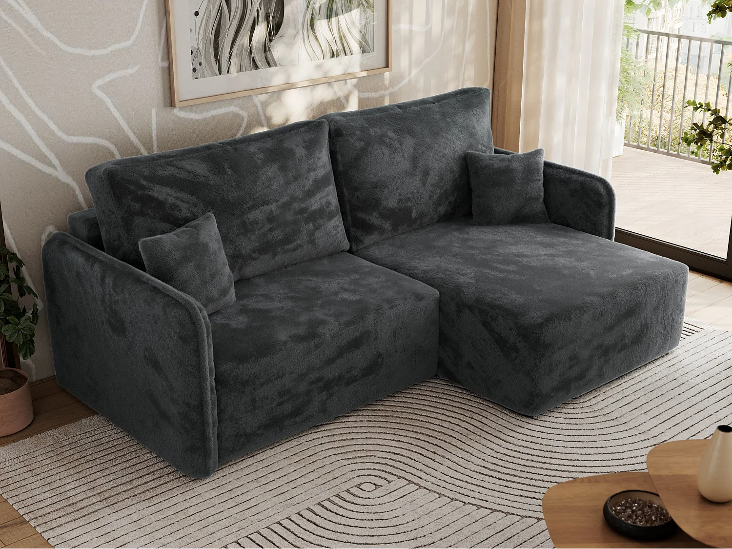 Ecksofa MESTO - Schlaffunktion und Bettkasten, L-form Couch für das Wohnzimmer, Armlehnen - Dunkelgrau Plüsch - Ecke Rechts