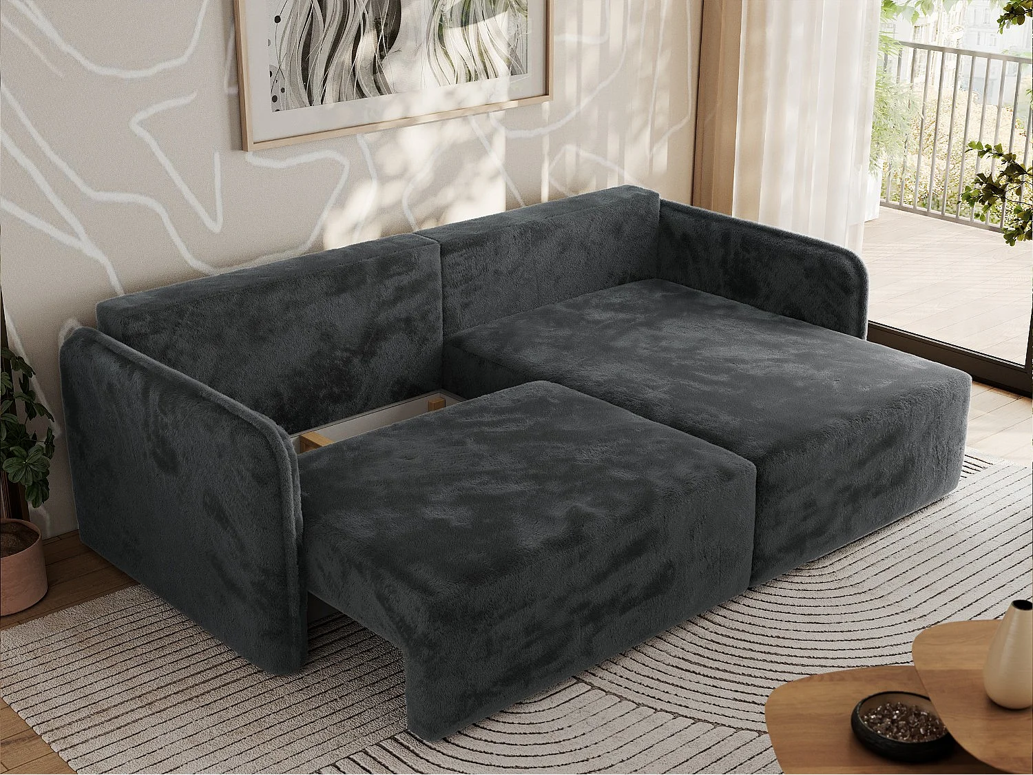 Ecksofa MESTO - Schlaffunktion und Bettkasten, L-form Couch für das Wohnzimmer, Armlehnen - Dunkelgrau Plüsch - Ecke Rechts