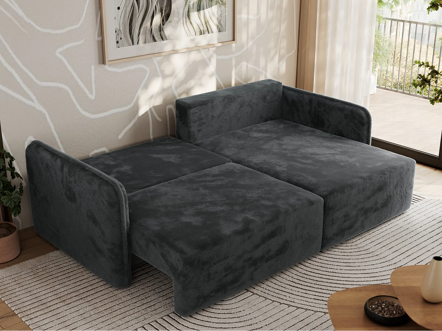 Ecksofa MESTO - Schlaffunktion und Bettkasten, L-form Couch für das Wohnzimmer, Armlehnen - Dunkelgrau Plüsch - Ecke Rechts