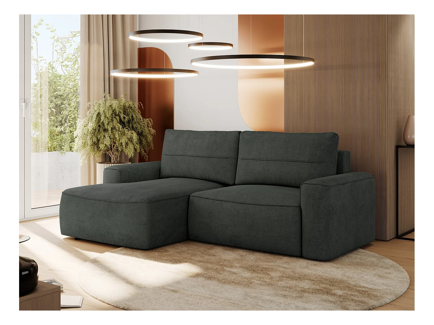 Ecksofa BELLUNO - Schlafsofa mit Bettkasten, Armlehnen, Couch L-form mit Schlaffunktion - Dunkelgrau Strukture - Ecke Links