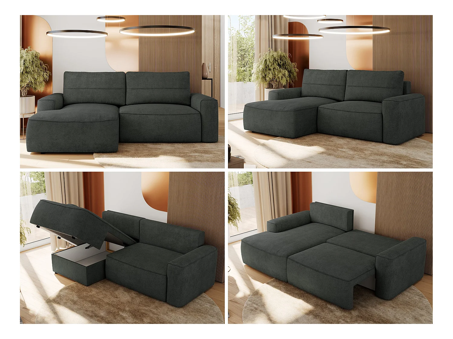 Ecksofa BELLUNO - Schlafsofa mit Bettkasten, Armlehnen, Couch L-form mit Schlaffunktion - Dunkelgrau Strukture - Ecke Links