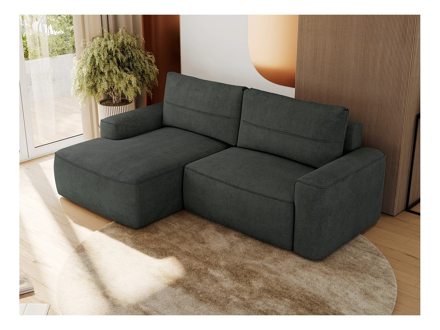 Ecksofa BELLUNO - Schlafsofa mit Bettkasten, Armlehnen, Couch L-form mit Schlaffunktion - Dunkelgrau Strukture - Ecke Links