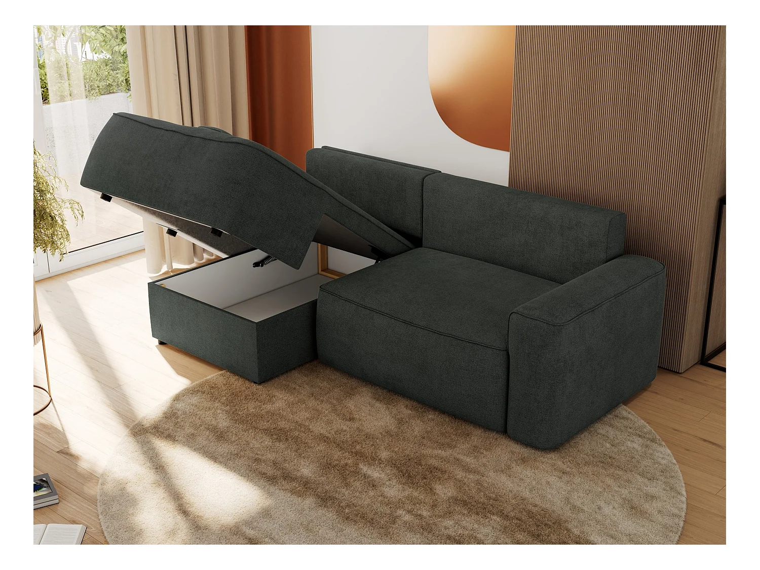 Ecksofa BELLUNO - Schlafsofa mit Bettkasten, Armlehnen, Couch L-form mit Schlaffunktion - Dunkelgrau Strukture - Ecke Links