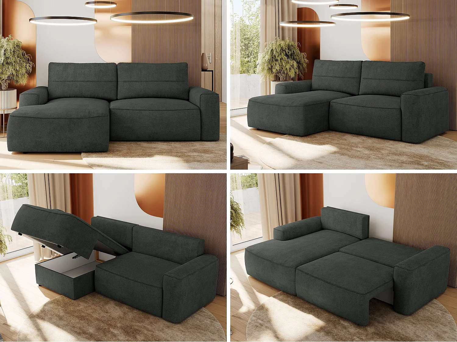 Ecksofa BELLUNO - Schlafsofa mit Bettkasten, Armlehnen, Couch L-form mit Schlaffunktion - Dunkelgrau Strukture - Ecke Links
