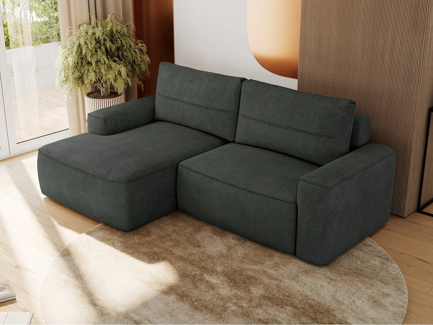 Ecksofa BELLUNO - Schlafsofa mit Bettkasten, Armlehnen, Couch L-form mit Schlaffunktion - Dunkelgrau Strukture - Ecke Links