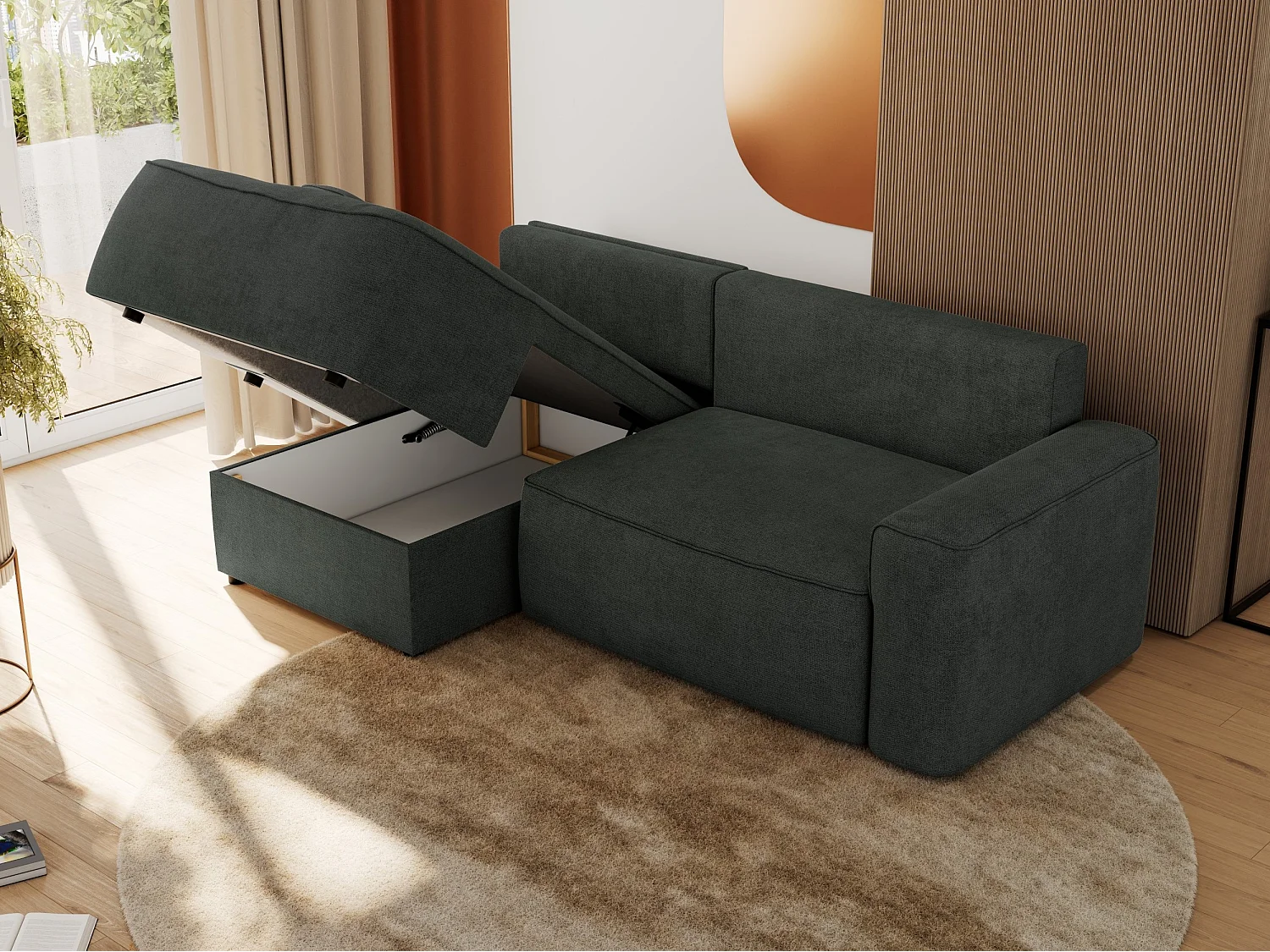 Ecksofa BELLUNO - Schlafsofa mit Bettkasten, Armlehnen, Couch L-form mit Schlaffunktion - Dunkelgrau Strukture - Ecke Links