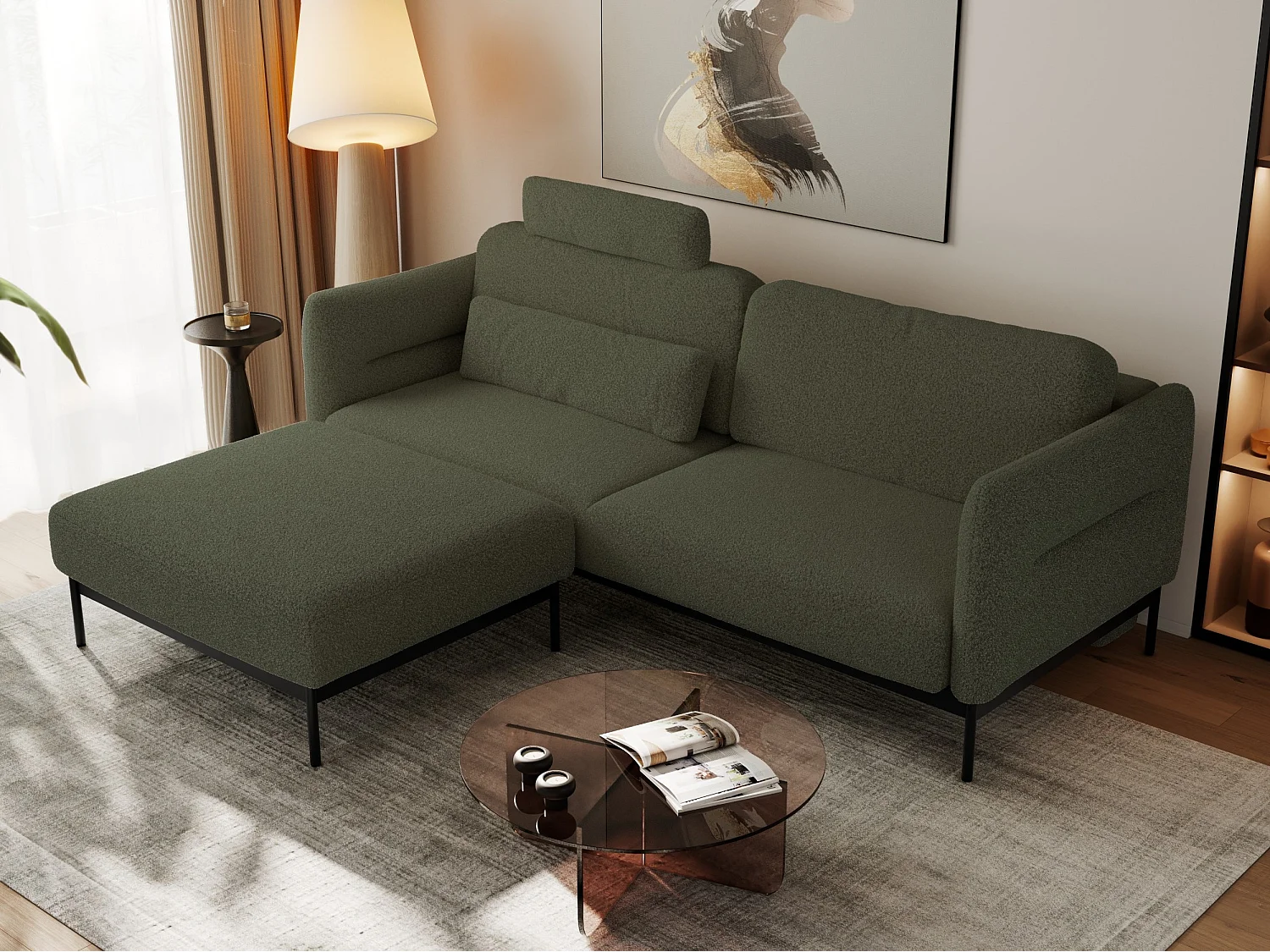 Ecksofa SALENTO - mit Metallbeine, Schlafsofa, mobilen Fußhocker, lose Kissen - Grün Boucle