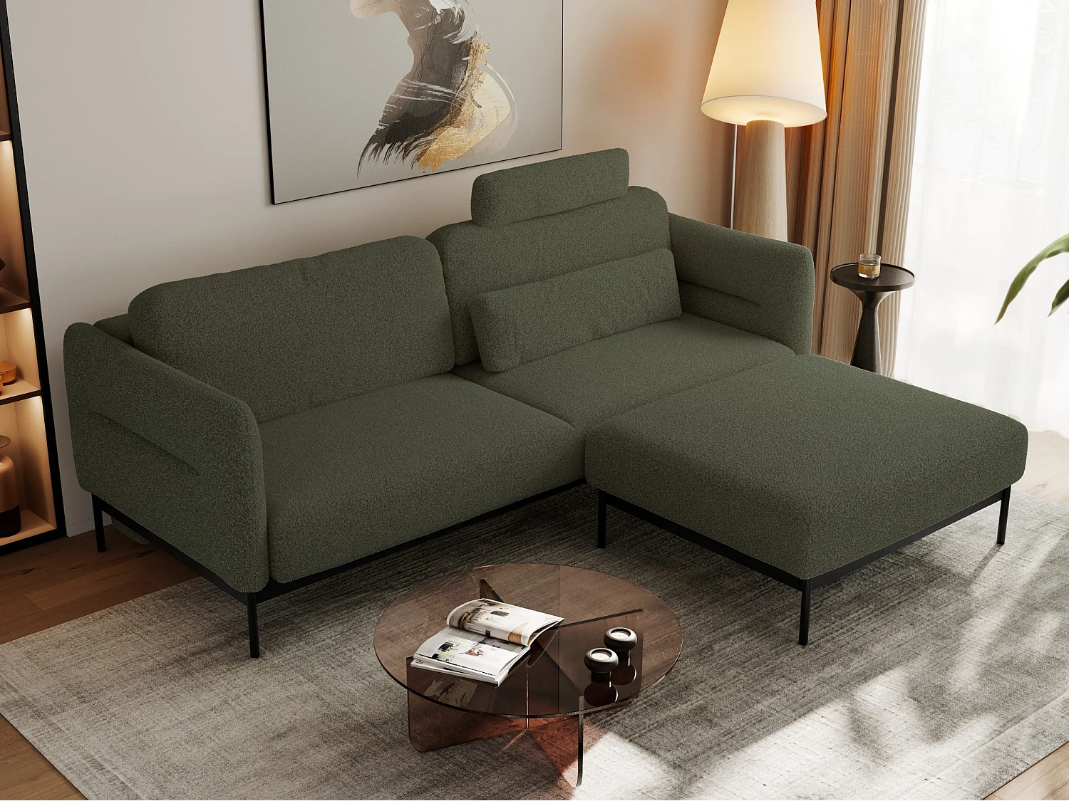 Ecksofa SALENTO - mit Metallbeine, Schlafsofa, mobilen Fußhocker, lose Kissen - Grün Boucle