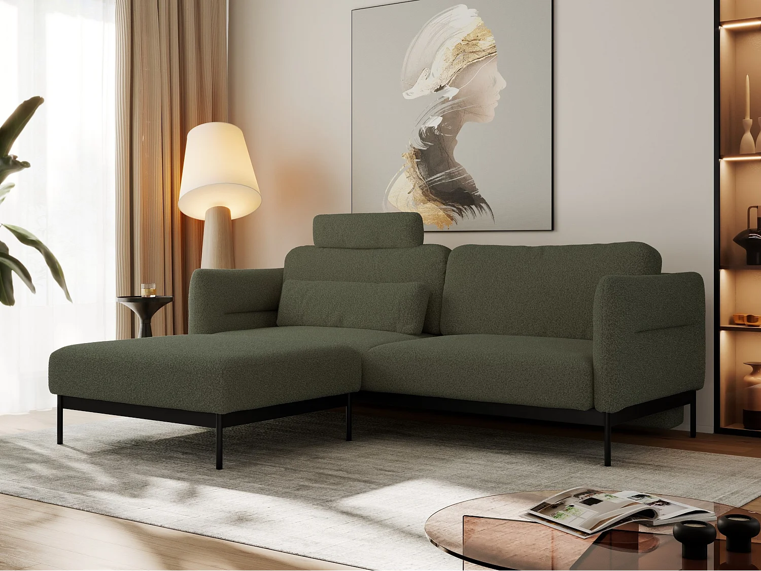 Ecksofa SALENTO - mit Metallbeine, Schlafsofa, mobilen Fußhocker, lose Kissen - Grün Boucle