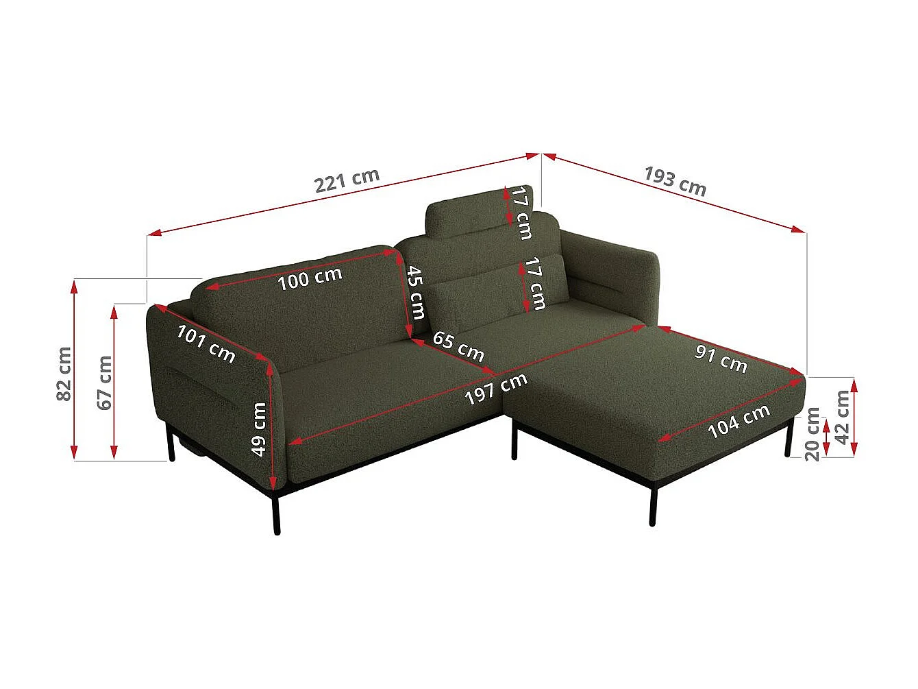 Ecksofa SALENTO - mit Metallbeine, Schlafsofa, mobilen Fußhocker, lose Kissen - Grün Boucle