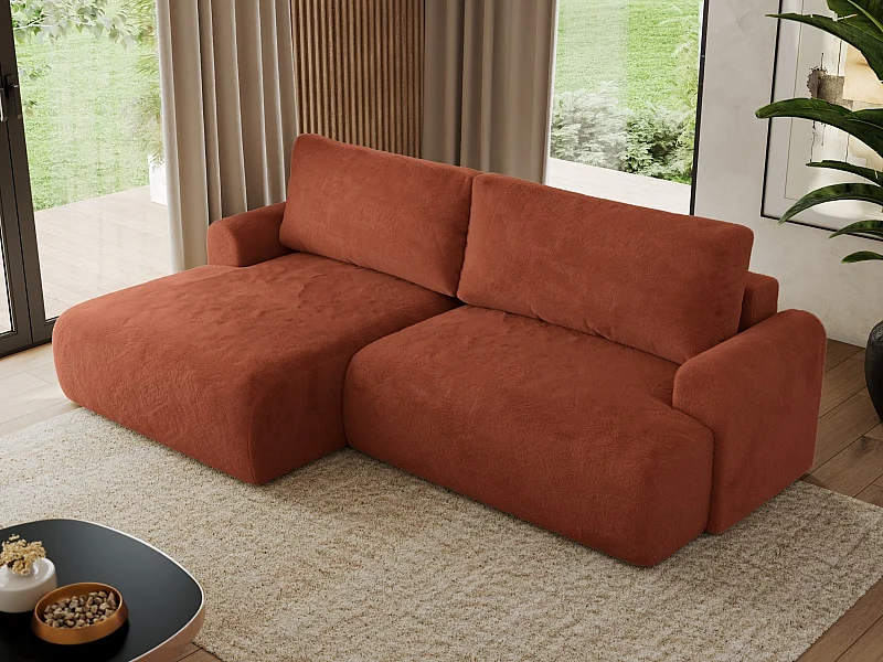 Ecksofa TONO - mit Schlaffunktion und Bettkasten, L-form Ecke, Armlehnen - Orange Plüsch - Ecke Links