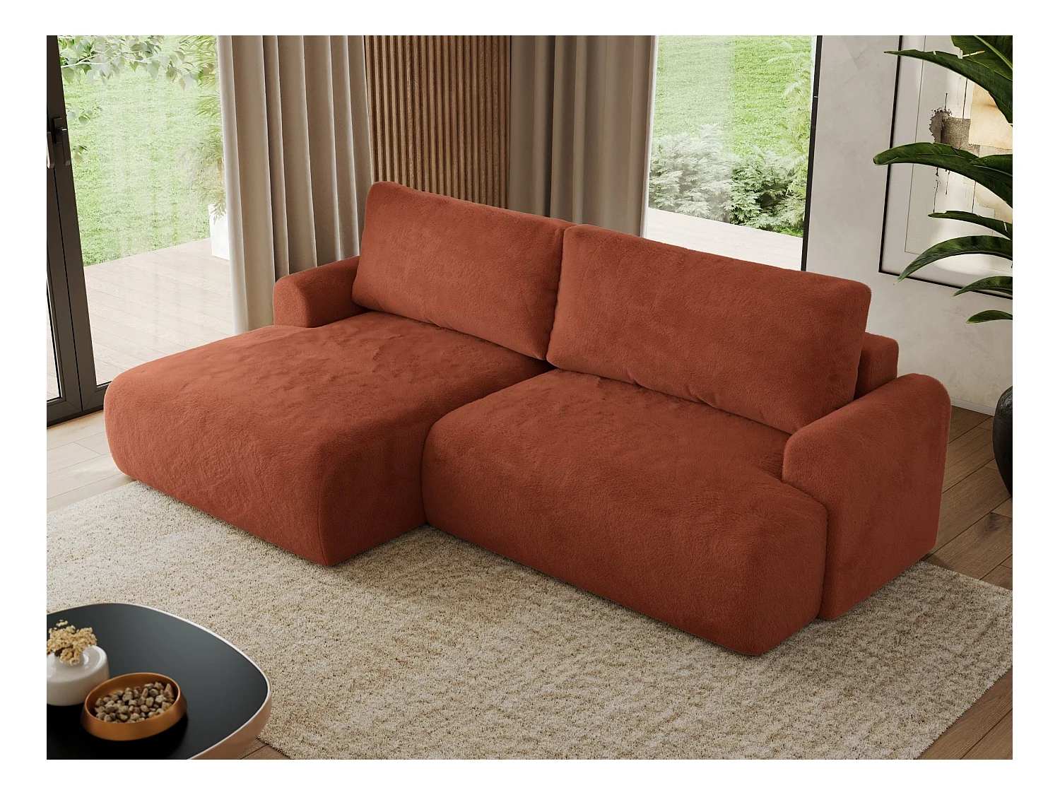 Ecksofa TONO - mit Schlaffunktion und Bettkasten, L-form Ecke, Armlehnen - Orange Plüsch - Ecke Links