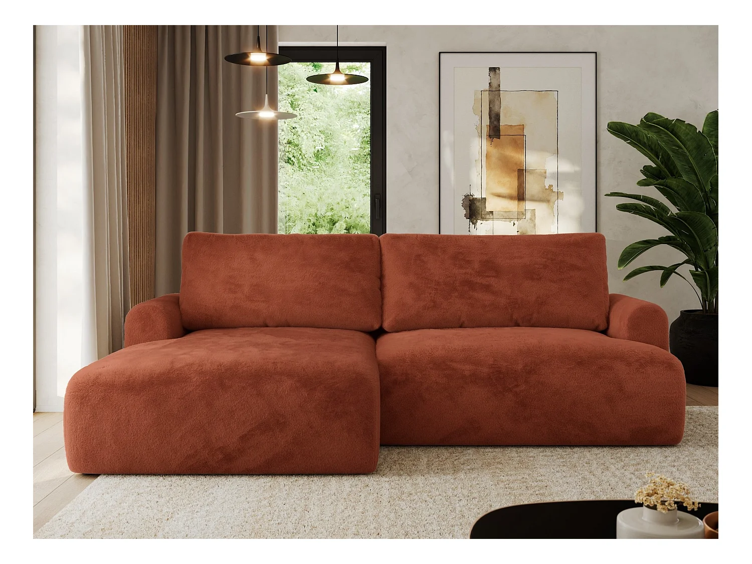 Ecksofa TONO - mit Schlaffunktion und Bettkasten, L-form Ecke, Armlehnen - Orange Plüsch - Ecke Links