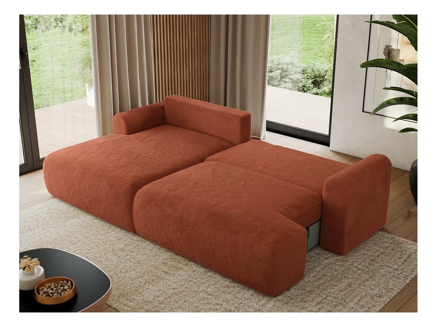 Ecksofa TONO - mit Schlaffunktion und Bettkasten, L-form Ecke, Armlehnen - Orange Plüsch - Ecke Links