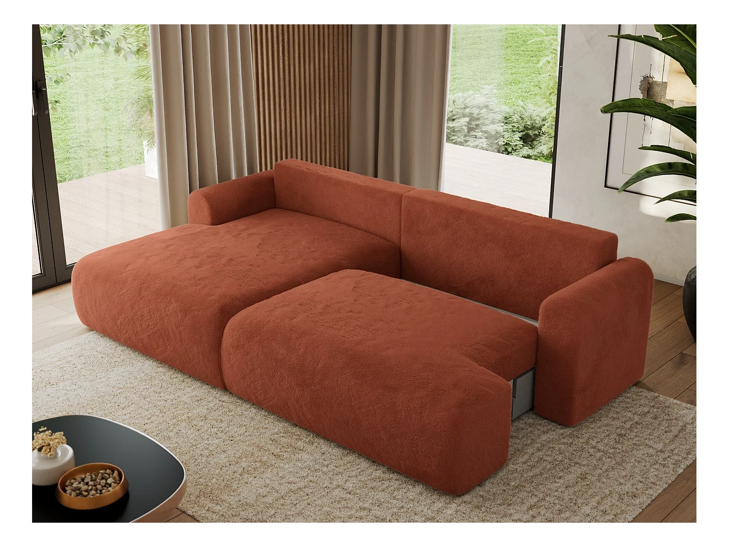 Ecksofa TONO - mit Schlaffunktion und Bettkasten, L-form Ecke, Armlehnen - Orange Plüsch - Ecke Links
