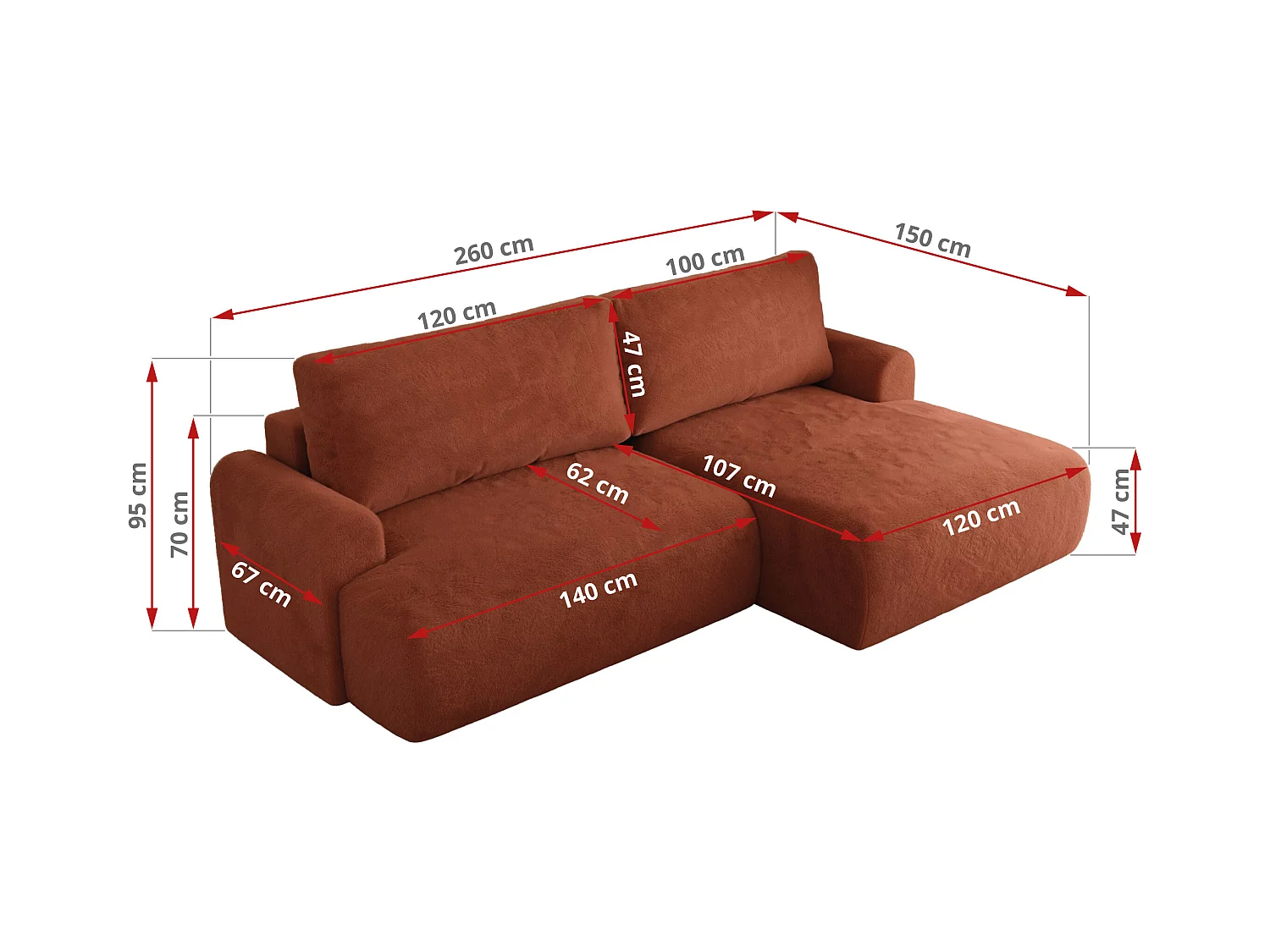 Ecksofa TONO - mit Schlaffunktion und Bettkasten, L-form Ecke, Armlehnen - Orange Plüsch - Ecke Links