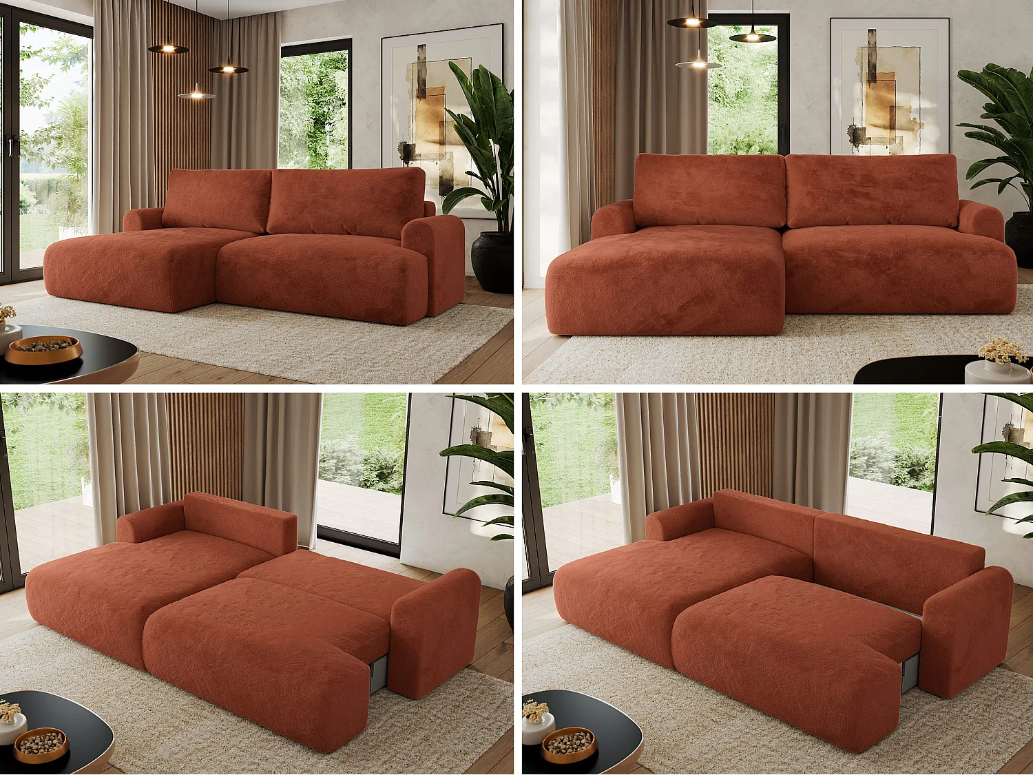 Ecksofa TONO - mit Schlaffunktion und Bettkasten, L-form Ecke, Armlehnen - Orange Plüsch - Ecke Links