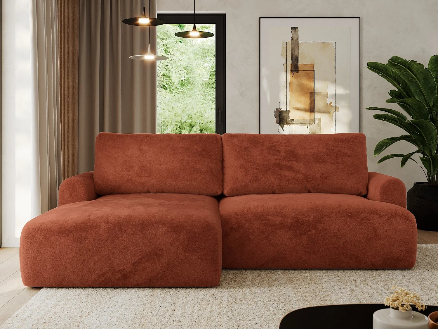 Ecksofa TONO - mit Schlaffunktion und Bettkasten, L-form Ecke, Armlehnen - Orange Plüsch - Ecke Links