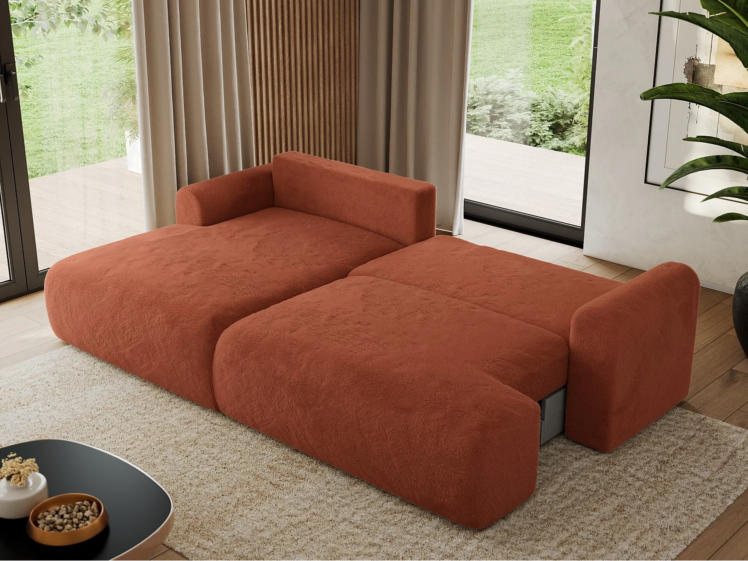 Ecksofa TONO - mit Schlaffunktion und Bettkasten, L-form Ecke, Armlehnen - Orange Plüsch - Ecke Links