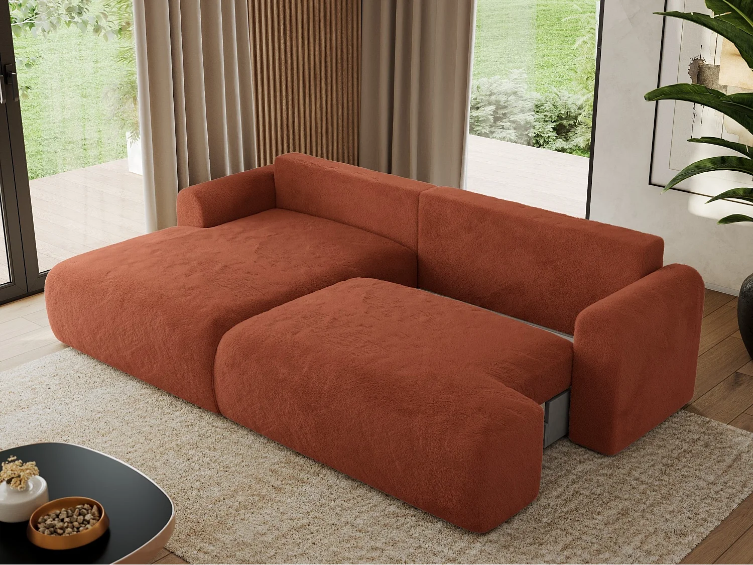 Ecksofa TONO - mit Schlaffunktion und Bettkasten, L-form Ecke, Armlehnen - Orange Plüsch - Ecke Links